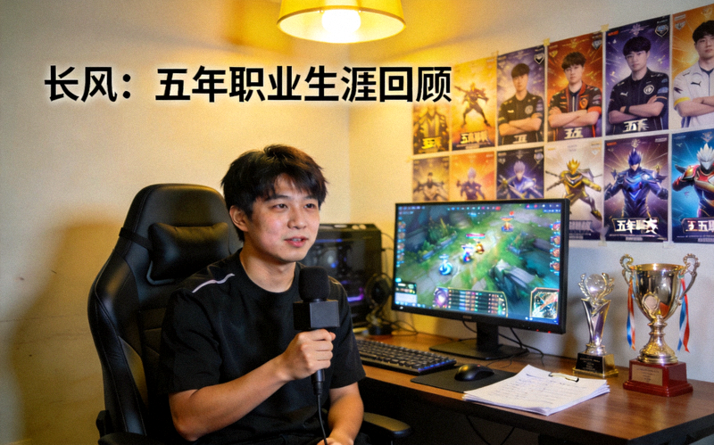 选手长风在训练室中接受专访并回顾五年职业生涯